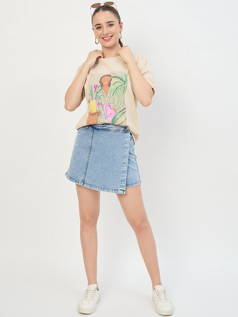 Madame Beige Graphic Print Cotton Round Neck T-Shirt