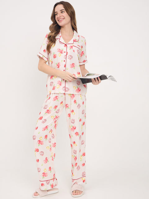 mSECRET Orange Printed Rayon Spread Collar Short Sleeve Night Suit