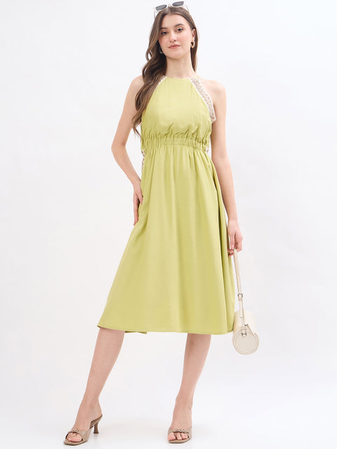 Madame Embroidery Trim Cinched Flare Viscose Dress
