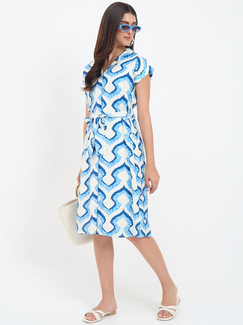 Madame Blue Cotton Printed Shirt Dress