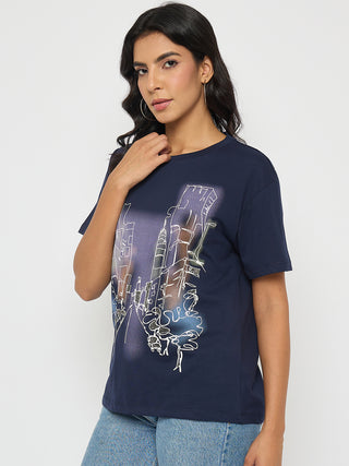 Madame Graphic Print Navy Blue Cotton T-shirt