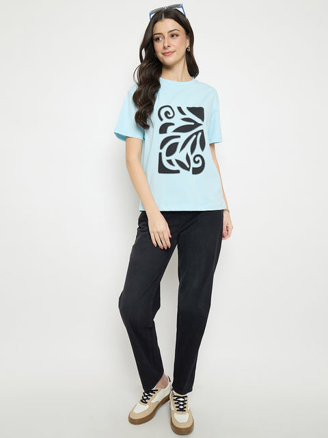 Madame Ice Blue Printed Cotton Round Neck T-Shirt