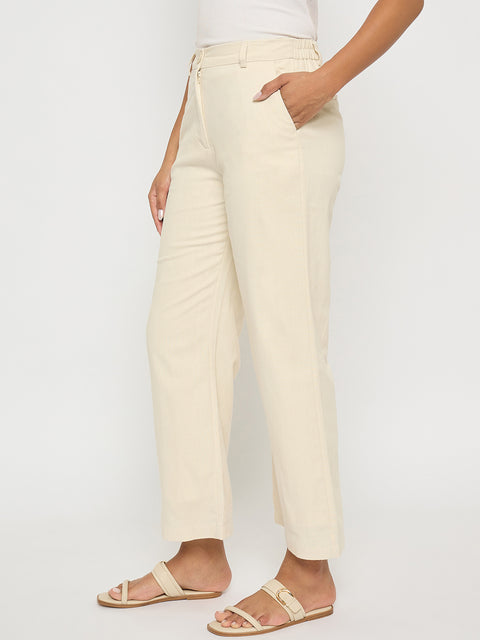 Madame Solid Wide Leg Off White Rayon Blend Trousers