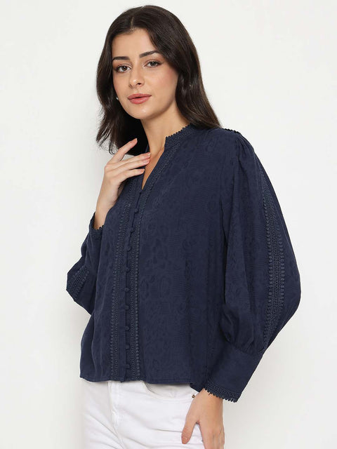 Madame Gathered Shoulders Navy Blue Cotton Top