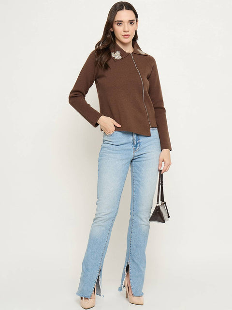 Madame Embroidered Collar Asymmetric Brown Sweater