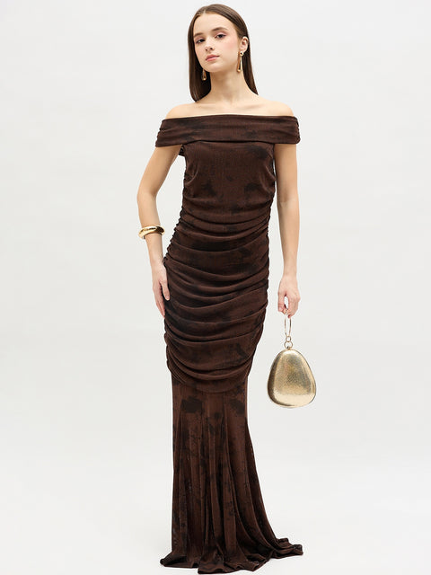Madame Brown Mesh Off-Shoulder Bodycon Dress