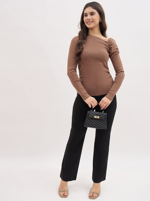 Madame Brown Viscose Blend One-Shoulder Sweater