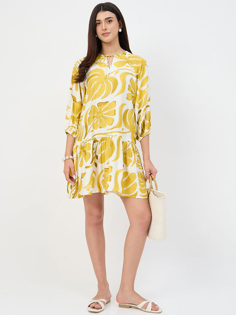 Madame Yellow Leaf Print Rayon Midi Dress