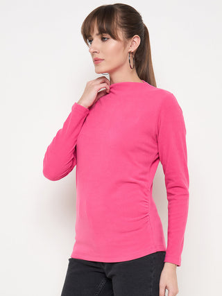 Madame Funnel Neck Full Sleeve Seam Detailed Solid Pink Knitted Top