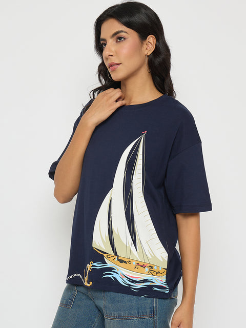 Madame Abstract Print Navy Blue Cotton T-shirt
