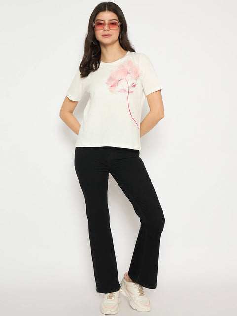 Madame Floral Applique White Cotton T-shirt