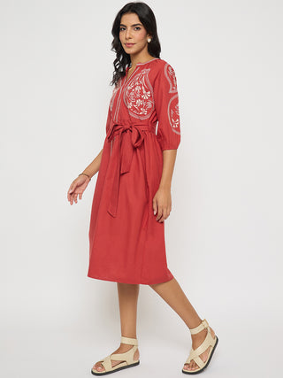 Madame Embroidered Belted A Line Midi Coral Dress