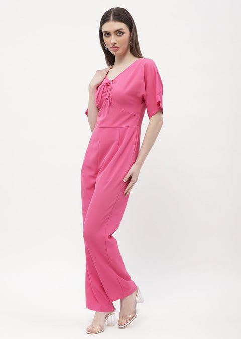 Madame Tie-Up Neck Hot Pink Trumpet Sleeve Jumpsuit