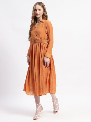Madame Pleated Cotton Blend Orange Shirt Dress