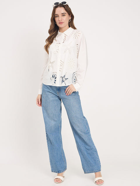 Madame White Cutwork Cotton Full Sleeve Shirt