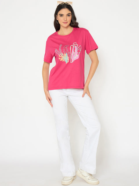 Madame Embroidered Hot Pink Cotton T-shirt