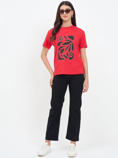 Madame Red Cotton Printed Half-Sleeve T-Shirt