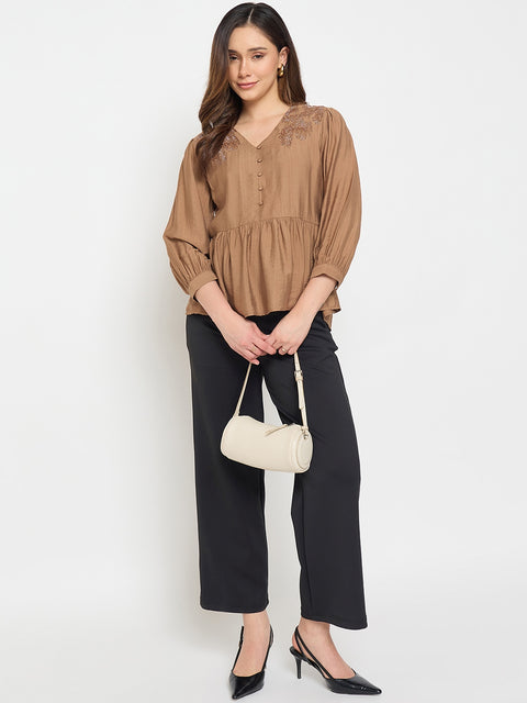 Madame Brown Embroidered Buttoned Peplum Top