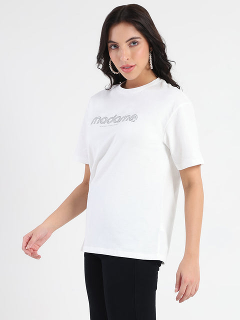 Madame Swarovski and Print Sticker White Cotton T-shirt