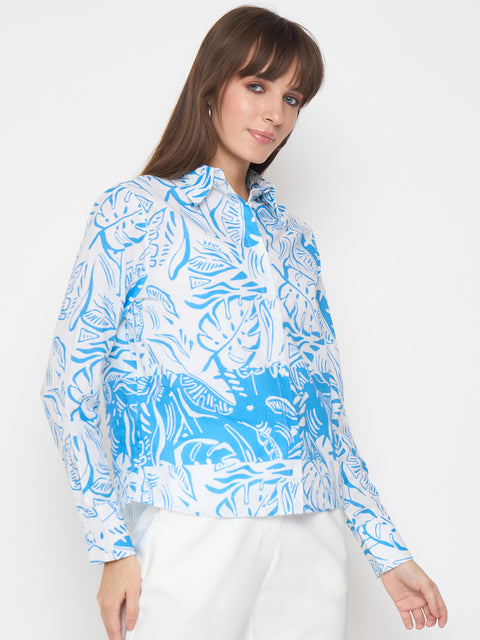 Madame Botanical Print Button Up Front Aqua Blue Shirt