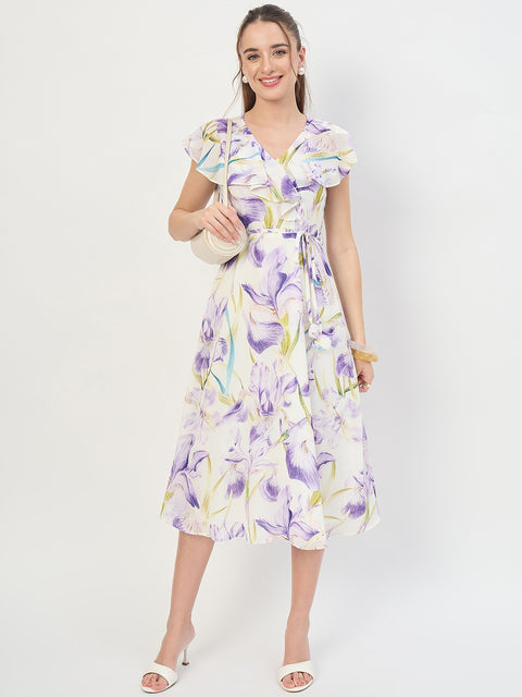 Madame Purple Printed Ruffle Sleeve Midi Dress