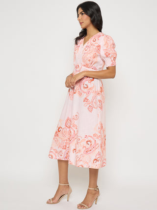 Madame Paisley Print Peach Midi A Line Dress