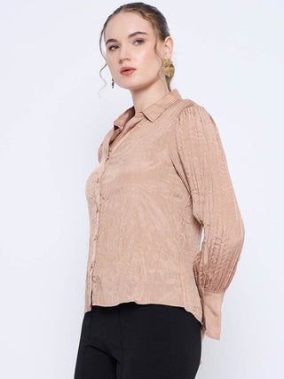 Madame Crushed Tissue Flounce Sleeve Beige Shirt