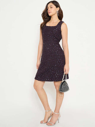 Madame Square Neck Shimmery Purple Sheath Dress