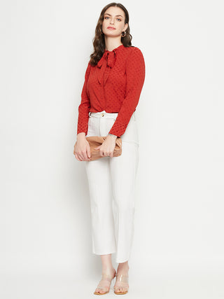 Madame Tie-Up Neck Solid Rust Orange Shirt