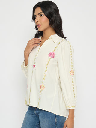 Madame Off White Viscose Blend Floral Embroidered Shirt