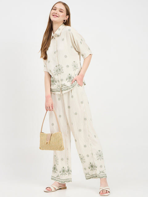 Madame Embroidered Beige Rayon Co-ord Set
