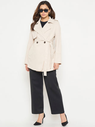 Madame Lapel Notch Collar Off White Long Coat with Belt and Buttons