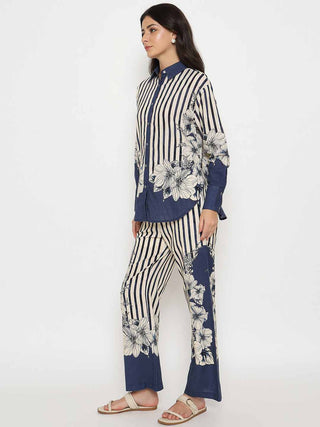 Madame Floral Print Top and Bottoms Striped Navy Blue Co-ord Set