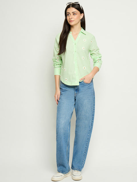 Madame Floral Embroidery Green Cotton Shirt