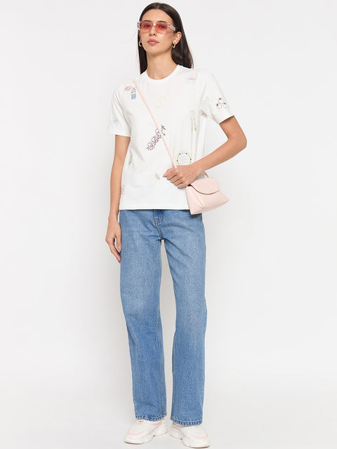 Madame White Printed Cotton Half-Sleeve T-Shirt