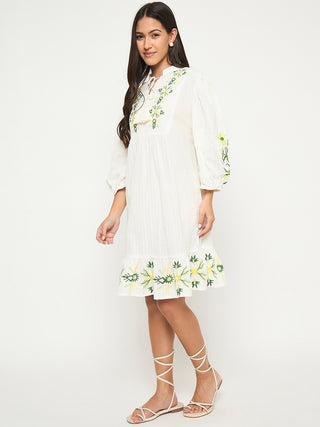 Madame Floral Embroidered Fit and Flare White Mini Dress