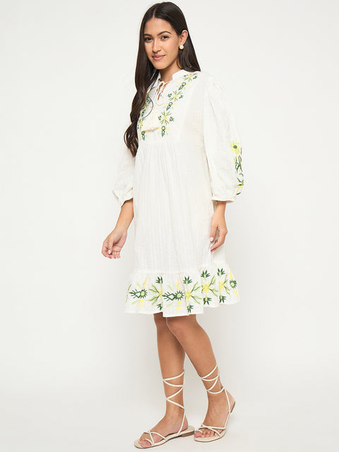 Madame Floral Embroidered Fit and Flare White Mini Dress
