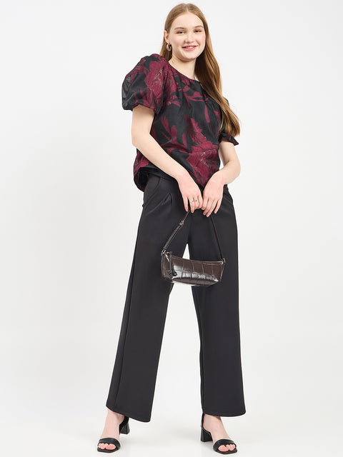 Madame Textured Burgundy Puff Sleeve Top