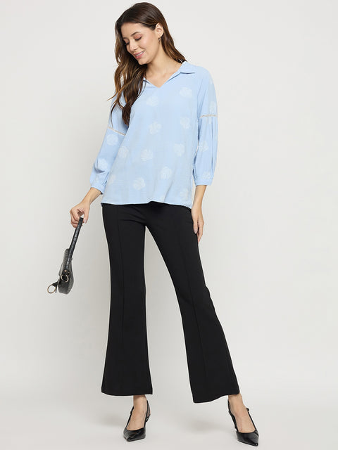 Madame Blue Printed Collar Puff Sleeve Top