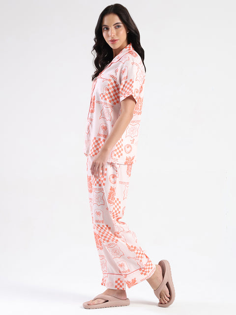mSECRET Geometric Print Top and Bottoms Coral Pink Nightsuit