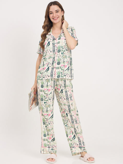 mSECRET Green Printed Rayon Spread Collar Short Sleeve Night Suit