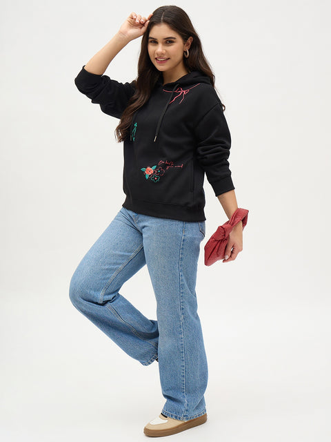Madame Black Ribbon Accented Cotton Sweatshirt