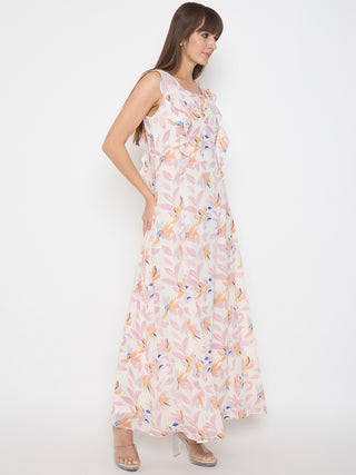 Madame Floral Print Ruffle Detail Off White Midi Dress