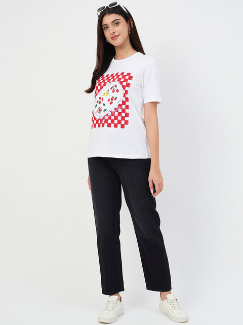 Madame White Printed Crew Neck Cotton T-Shirt