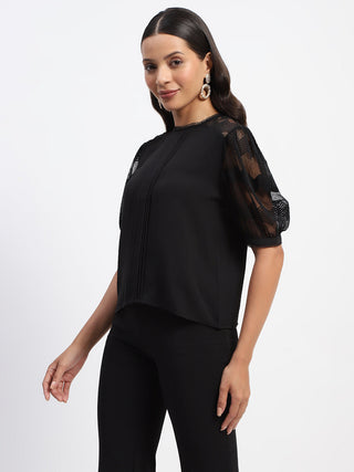 Madame Embroidered Crew Neck Black Mesh Top