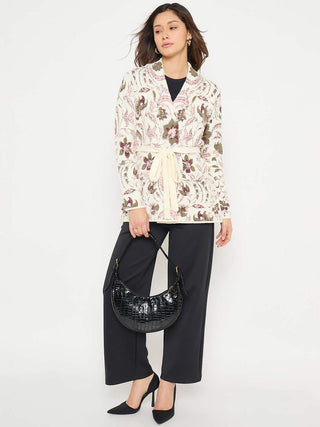 Madame Printed Beige Shrug with Belt