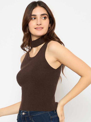 Madame Coffee Brown Ribbed Sleeveless Cutout Sweater