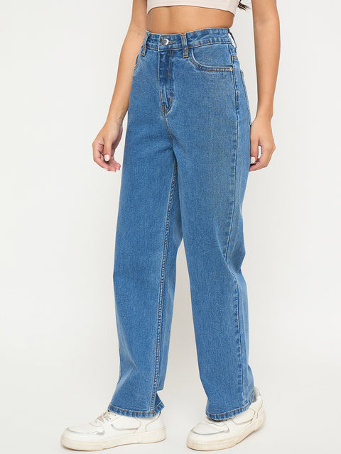 Madame Acid Wash Mid Blue Cotton Blend Straight Jeans