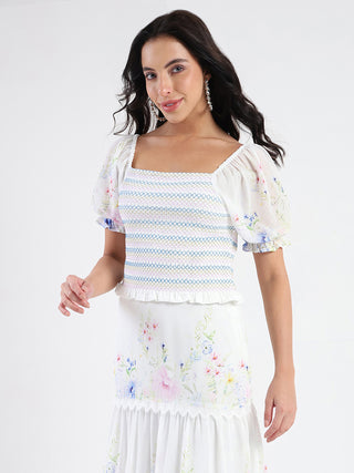 Madame Chiffon Smoking Contrast Threads Printed White Top