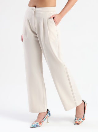 Madame Pleat Detailed Solid Beige Straight Trousers